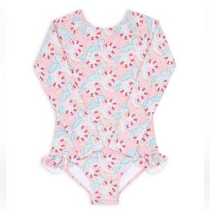 Minnow Girls’ Bluebells Long Sleeve One Piece Rash Guard Swimsuit - Size 1